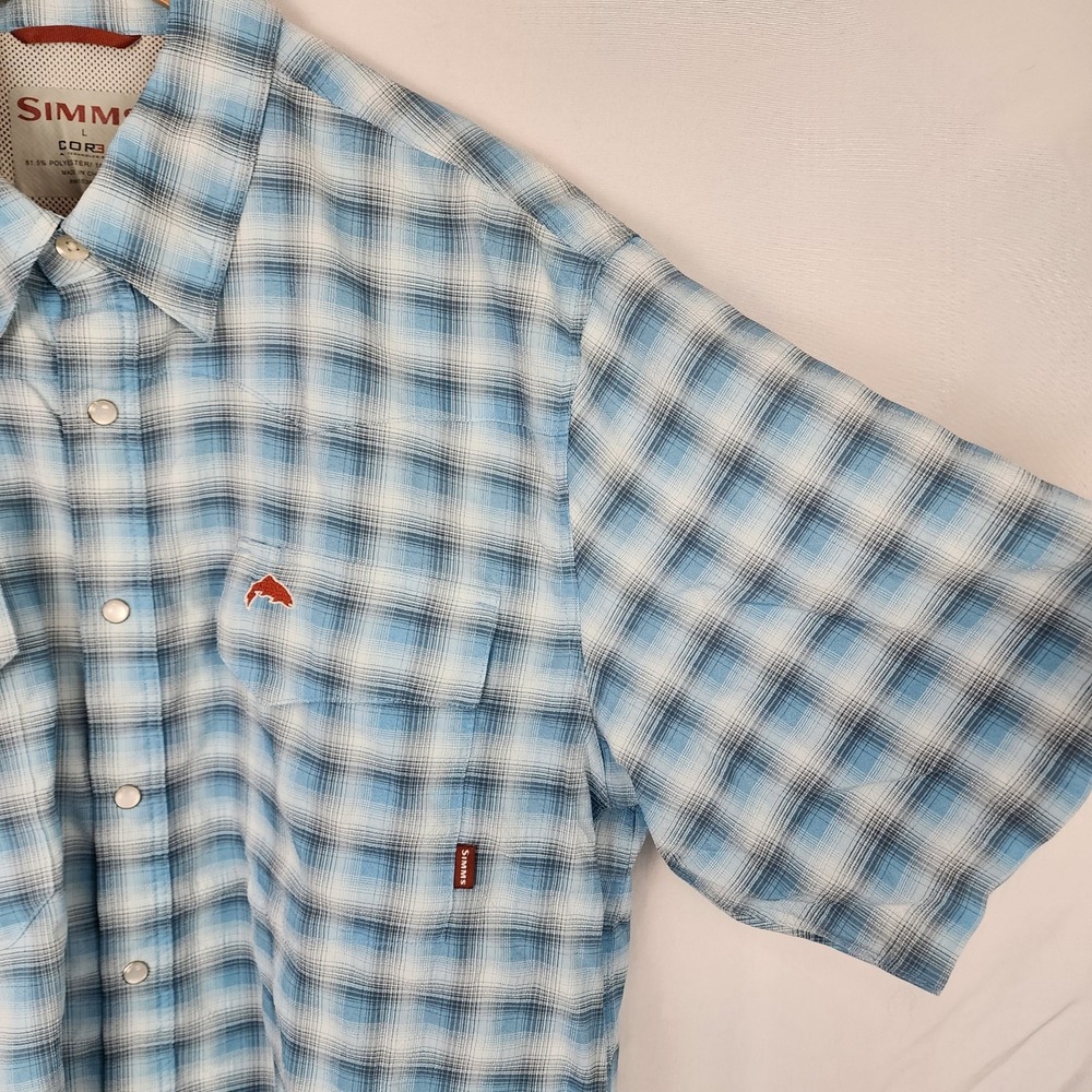 Simms Cor3 Vented Snap‎ Close Short Sleeve Blue Plaid Shirt Men's Size Large - Picture 3 of 6